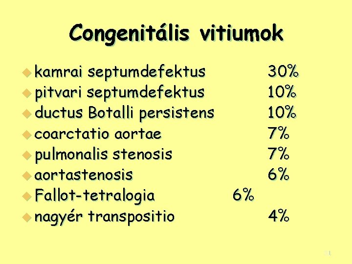 Congenitális vitiumok u kamrai septumdefektus u pitvari septumdefektus u ductus Botalli persistens u coarctatio