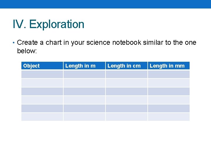 IV. Exploration • Create a chart in your science notebook similar to the one