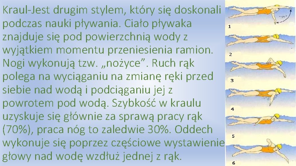 Kraul-Jest drugim stylem, który się doskonali podczas nauki pływania. Ciało pływaka znajduje się pod