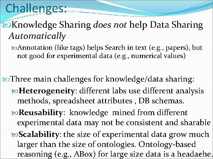 Challenges: Knowledge Sharing does not help Data Sharing Automatically Annotation (like tags) helps Search