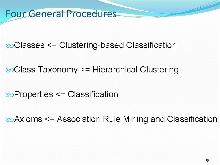 Four General Procedures Classes <= Clustering-based Classification Class Taxonomy <= Hierarchical Clustering Properties <=