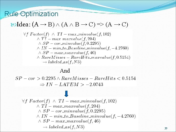 Rule Optimization Idea: (A → B) (A B → C) => (A → C)