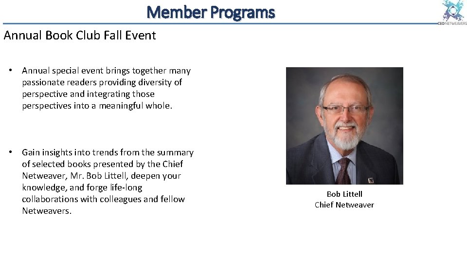 Member Programs Annual Book Club Fall Event • Annual special event brings together many