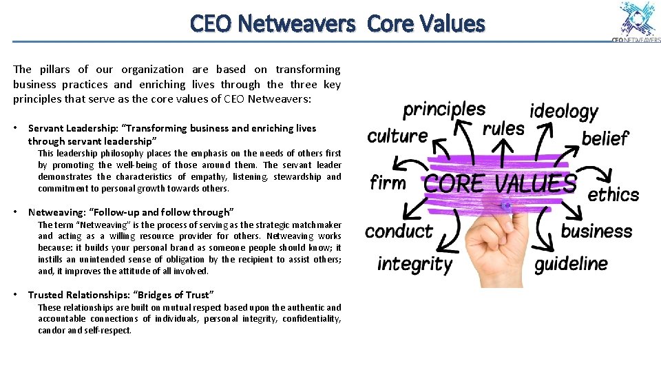 CEO Netweavers Core Values The pillars of our organization are based on transforming business