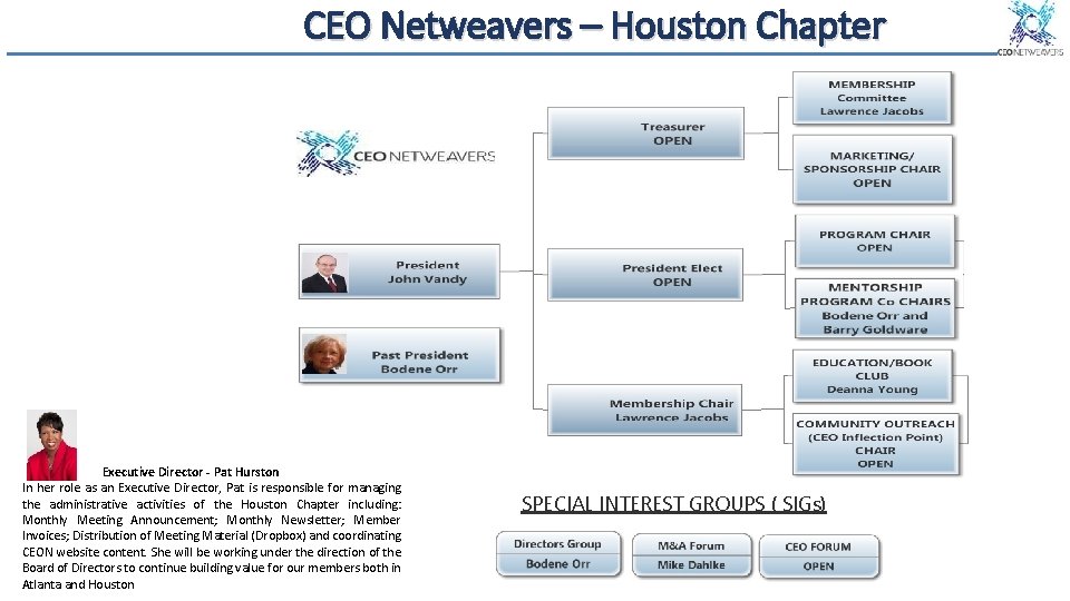 CEO Netweavers – Houston Chapter Executive Director - Pat Hurston In her role as