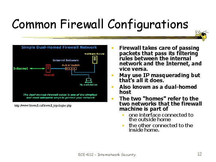 Common Firewall Configurations • • http: //www. firewall. cx/firewall_topologies. php Firewall takes care of