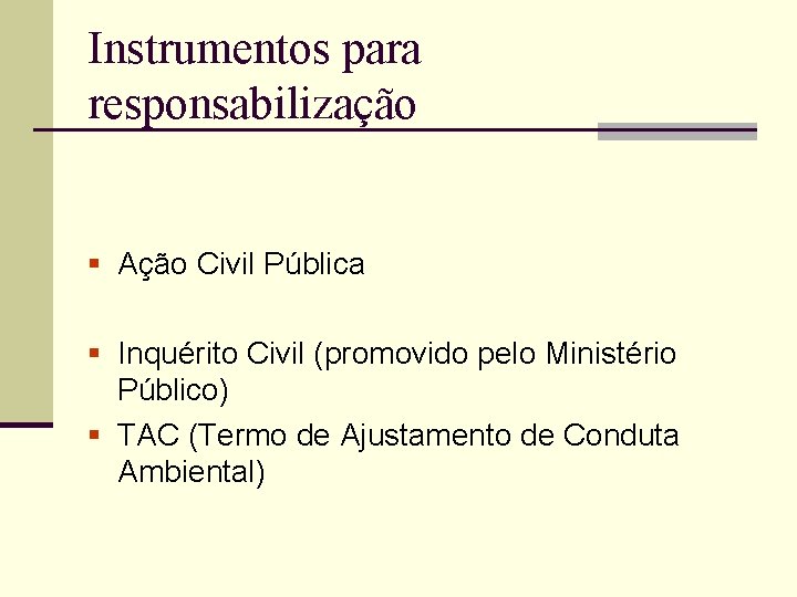 Instrumentos para responsabilização § Ação Civil Pública § Inquérito Civil (promovido pelo Ministério Público)