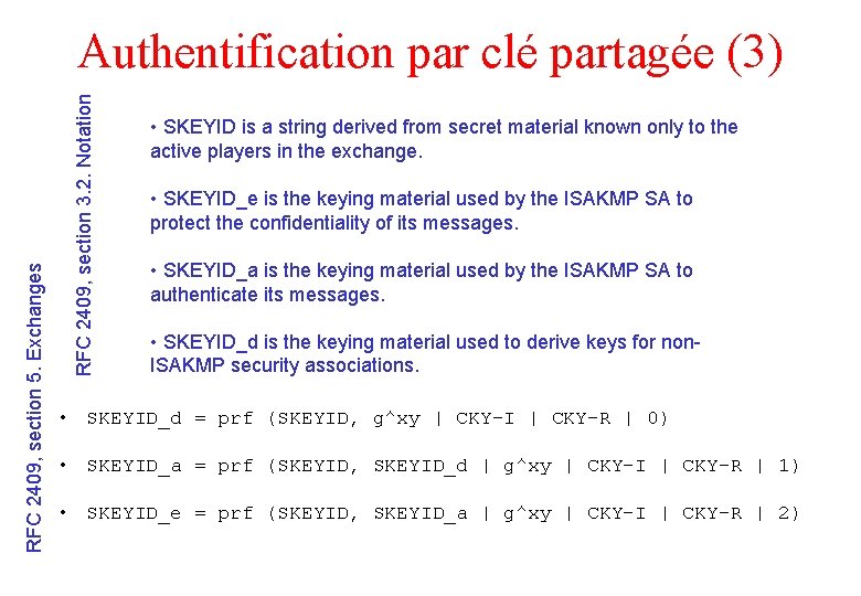 RFC 2409, section 3. 2. Notation RFC 2409, section 5. Exchanges Authentification par clé