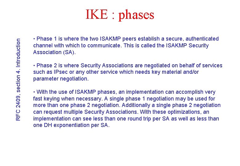 RFC 2409, section 4. Introduction IKE : phases • Phase 1 is where the