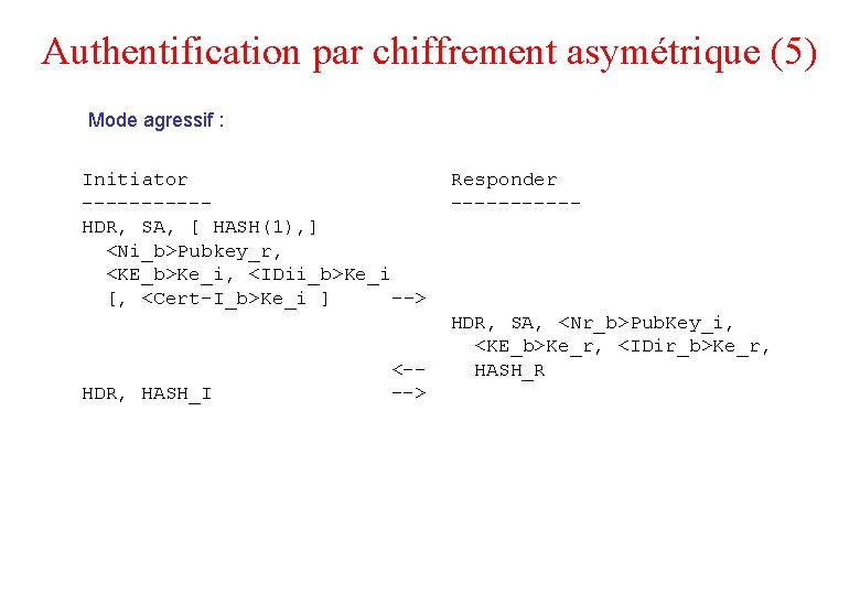 Authentification par chiffrement asymétrique (5) Mode agressif : Initiator -----HDR, SA, [ HASH(1), ]