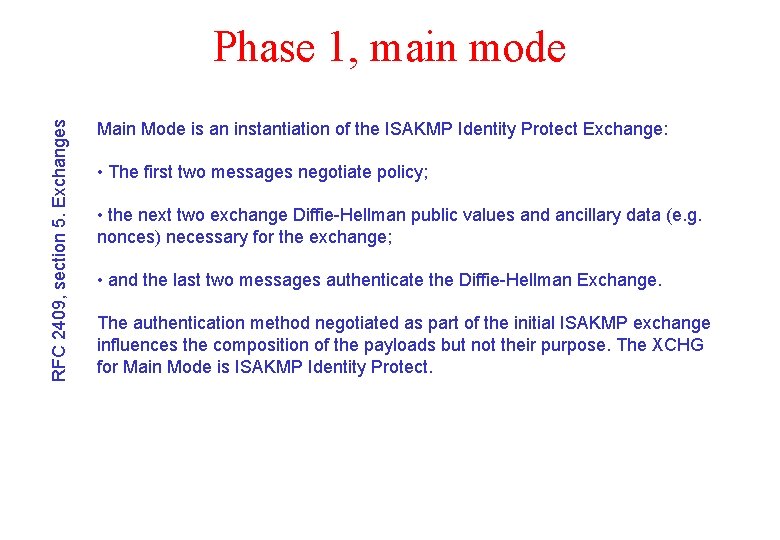 RFC 2409, section 5. Exchanges Phase 1, main mode Main Mode is an instantiation