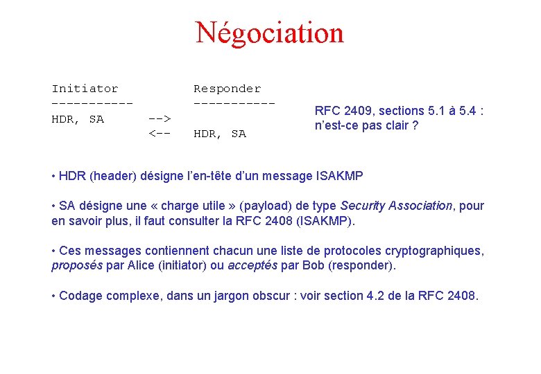 Négociation Initiator -----HDR, SA Responder ------> <-- HDR, SA RFC 2409, sections 5. 1