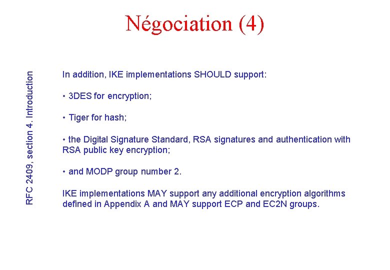RFC 2409, section 4. Introduction Négociation (4) In addition, IKE implementations SHOULD support: •