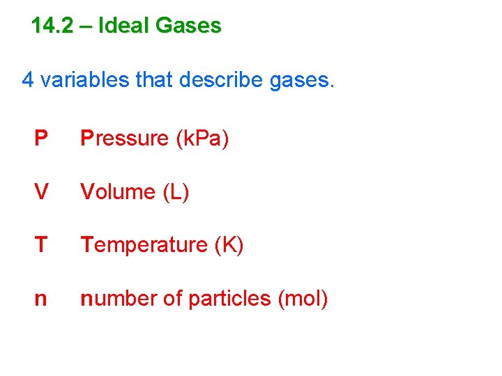 14. 2 – Ideal Gases 4 variables that describe gases. P Pressure (k. Pa)