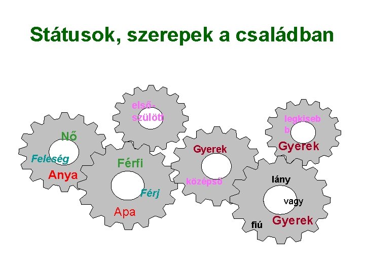 Státusok, szerepek a családban elsőszülött legkiseb b Nő Feleség Anya Gyerek Férfi lány középső Státusok, szerepek a családban elsőszülött legkiseb b Nő Feleség Anya Gyerek Férfi lány középső