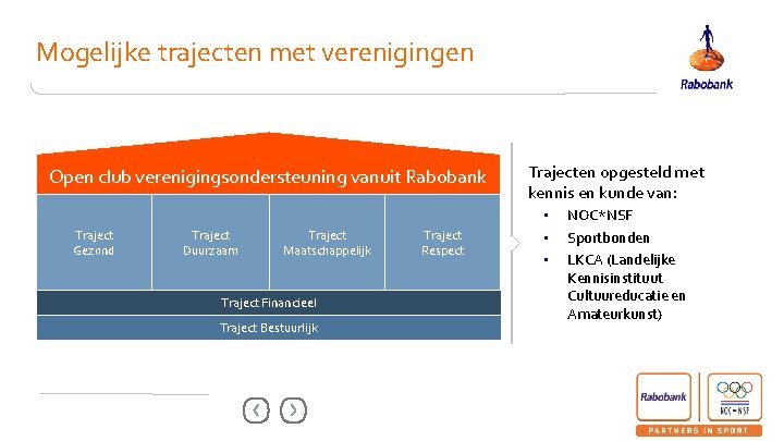 Mogelijke trajecten met verenigingen Open club verenigingsondersteuning vanuit Rabobank Trajecten opgesteld met kennis en