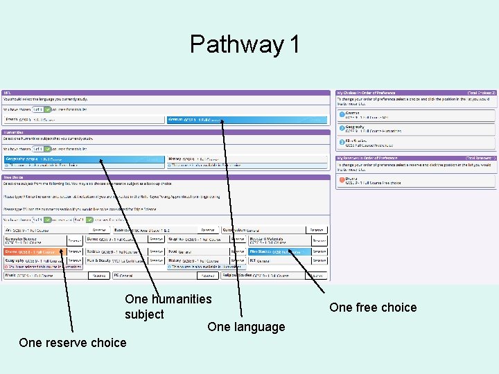 Pathway 1 One humanities subject One language One reserve choice One free choice 