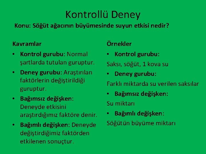 Kontrollü Deney Konu: Söğüt ağacının büyümesinde suyun etkisi nedir? Kavramlar • Kontrol gurubu: Normal