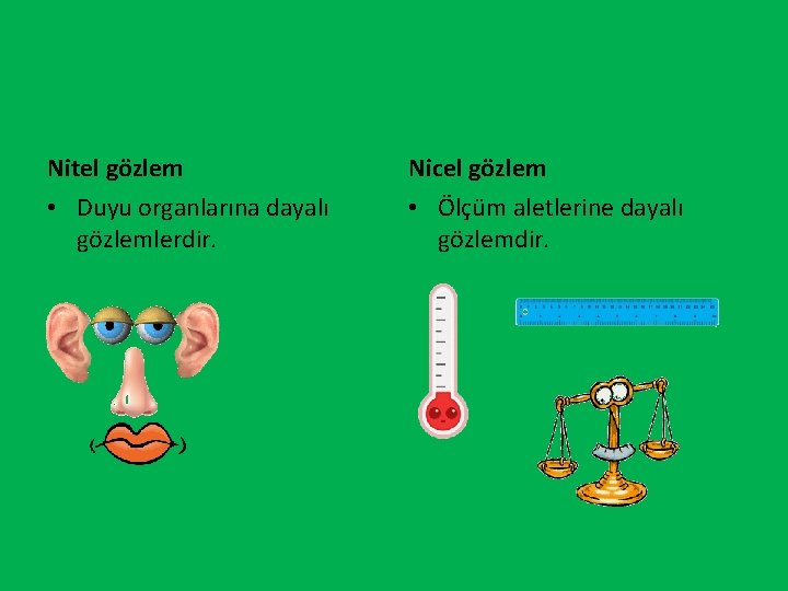 Nitel gözlem Nicel gözlem • Duyu organlarına dayalı gözlemlerdir. • Ölçüm aletlerine dayalı gözlemdir.
