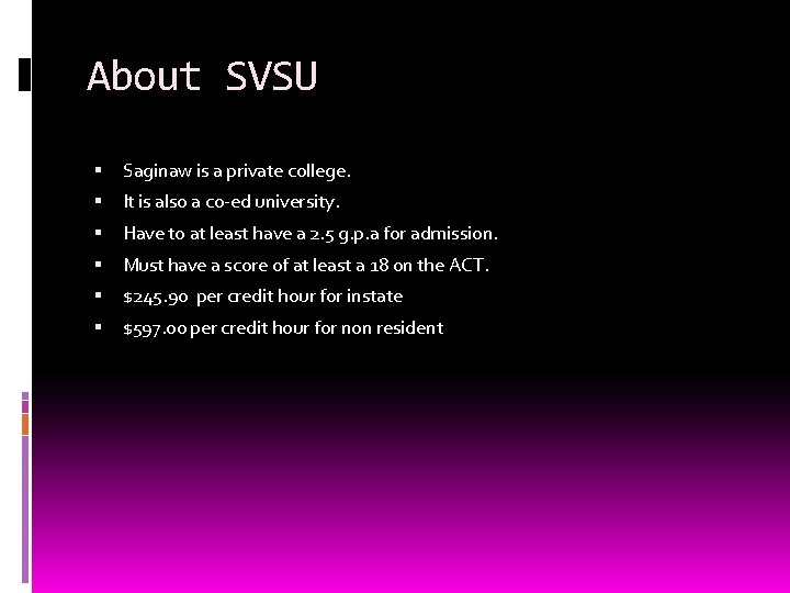 About SVSU Saginaw is a private college. It is also a co-ed university. Have