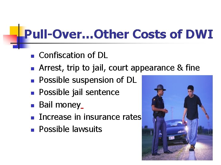 Pull-Over…Other Costs of DWI n n n n Confiscation of DL Arrest, trip to