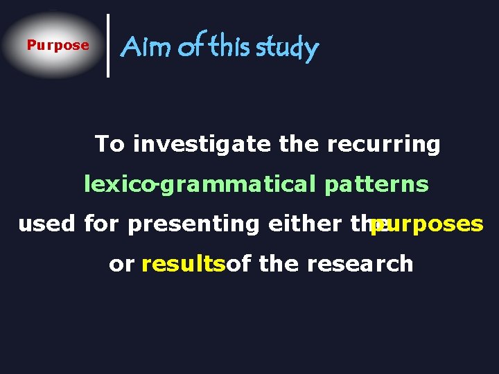 Purpose Aim of this study To investigate the recurring lexico-grammatical patterns used for presenting