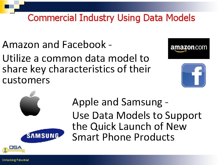 Commercial Industry Using Data Models Amazon and Facebook Utilize a common data model  Commercial Industry Using Data Models Amazon and Facebook Utilize a common data model