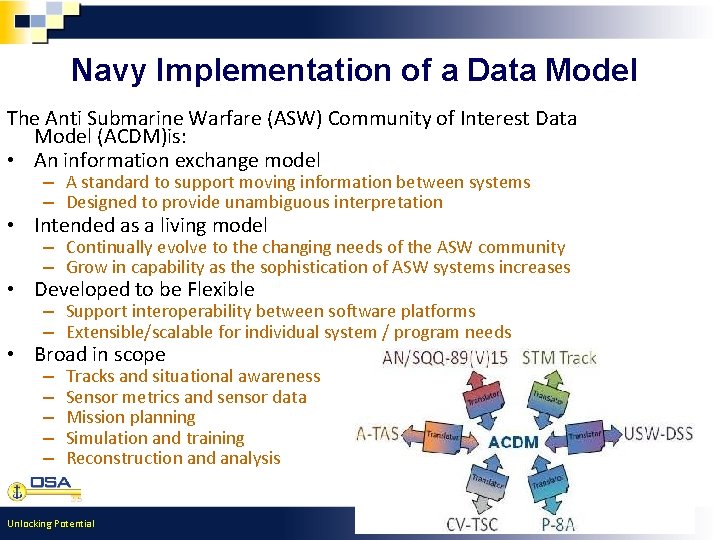 Navy Implementation of a Data Model The Anti Submarine Warfare (ASW) Community of Interest Navy Implementation of a Data Model The Anti Submarine Warfare (ASW) Community of Interest