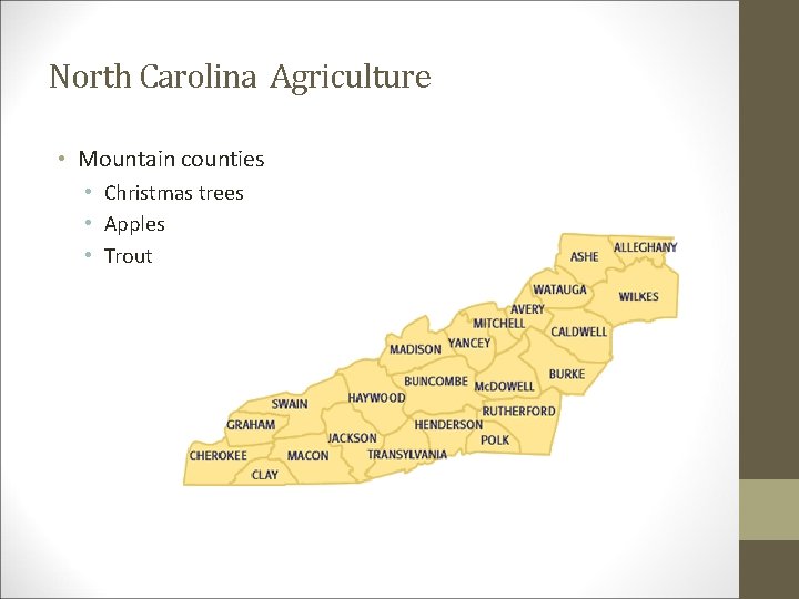 North Carolina Agriculture • Mountain counties • Christmas trees • Apples • Trout 