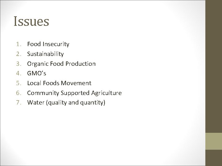 Issues 1. 2. 3. 4. 5. 6. 7. Food Insecurity Sustainability Organic Food Production