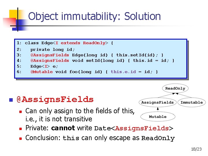 Object immutability: Solution 1: class Edge<I extends Read. Only> { 2: private long id;
