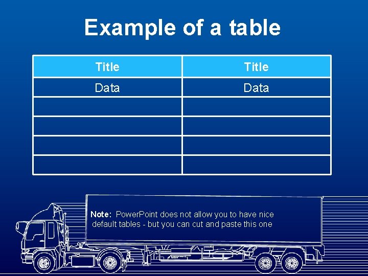 Example of a table Title Data Note: Power. Point does not allow you to