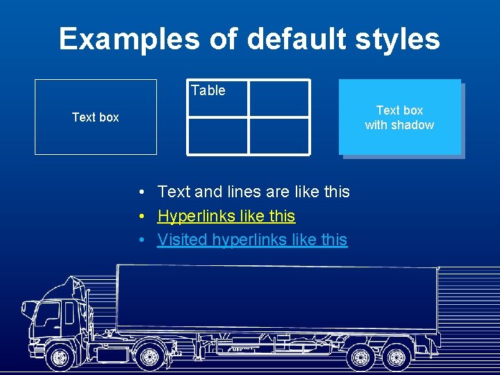 Examples of default styles Table Text box with shadow Text box • Text and