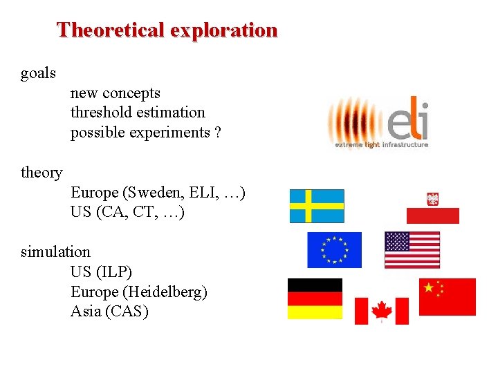 Theoretical exploration goals new concepts threshold estimation possible experiments ? theory Europe (Sweden, ELI,