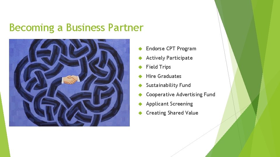 Becoming a Business Partner Endorse CPT Program Actively Participate Field Trips Hire Graduates Sustainability