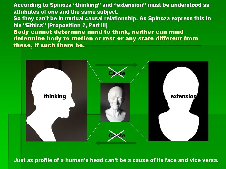 According to Spinoza “thinking” and “extension” must be understood as attributes of one and