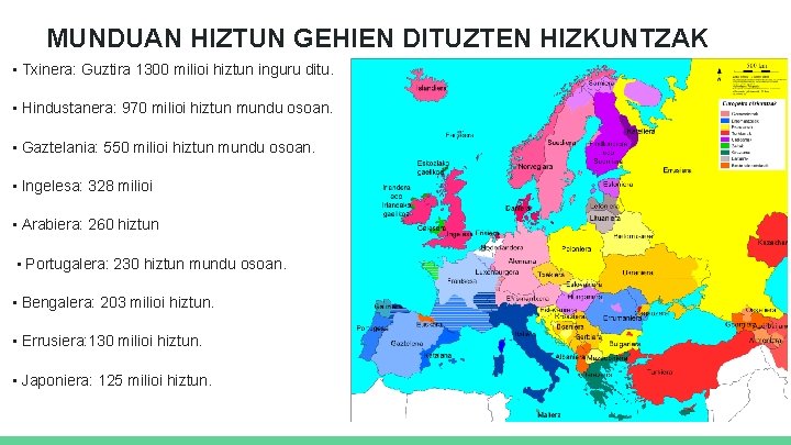 MUNDUAN HIZTUN GEHIEN DITUZTEN HIZKUNTZAK • Txinera: Guztira 1300 milioi hiztun inguru ditu. •