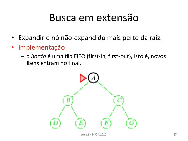 Busca em extensão • Expandir o nó não-expandido mais perto da raiz. • Implementação: