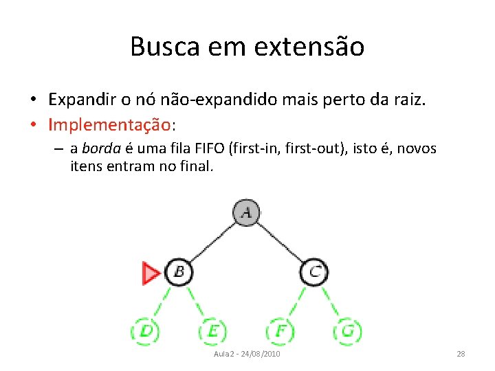 Busca em extensão • Expandir o nó não-expandido mais perto da raiz. • Implementação: