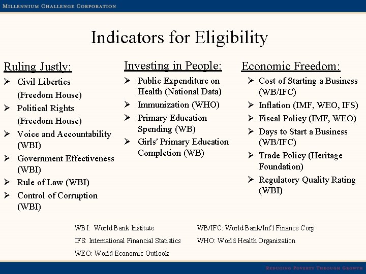 Indicators for Eligibility Ruling Justly: Investing in People: Ø Civil Liberties (Freedom House) Ø