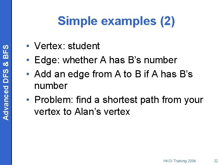 Advanced DFS & BFS Simple examples (2) • Vertex: student • Edge: whether A