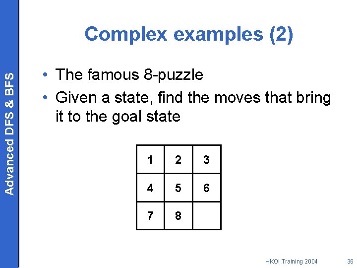 Advanced DFS & BFS Complex examples (2) • The famous 8 -puzzle • Given