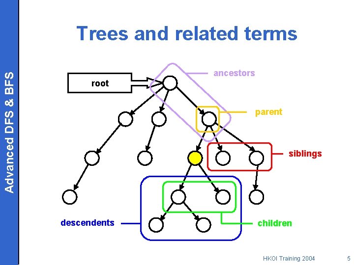 Advanced DFS & BFS Trees and related terms ancestors root parent siblings descendents children