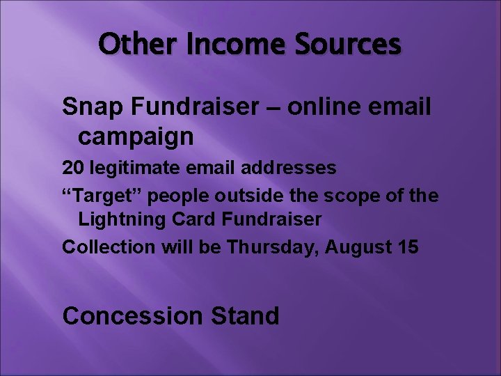 Other Income Sources Snap Fundraiser – online email campaign 20 legitimate email addresses “Target”