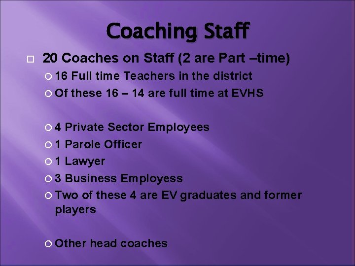 Coaching Staff 20 Coaches on Staff (2 are Part –time) 16 Full time Teachers