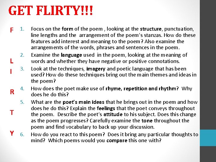 GET FLIRTY!!! F L I R 1. 2. 3. 4. 5. T Y 6.