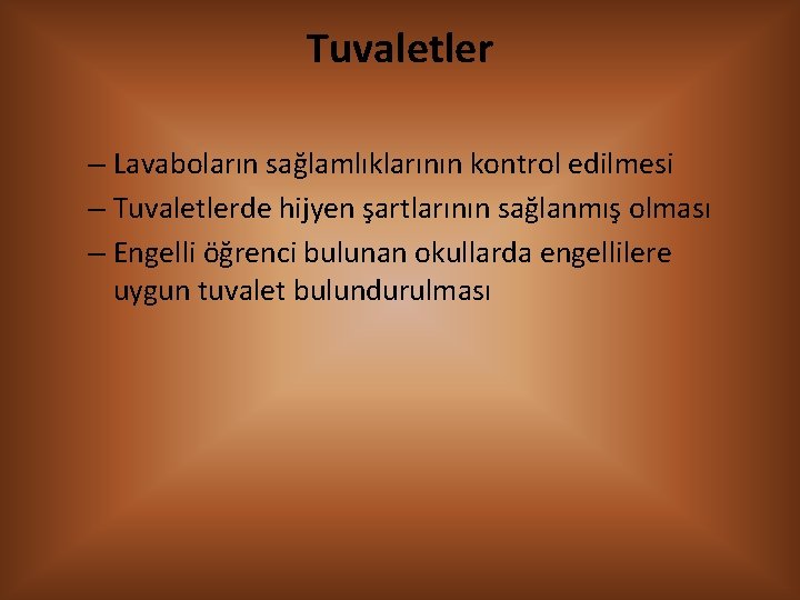 Tuvaletler – Lavaboların sağlamlıklarının kontrol edilmesi – Tuvaletlerde hijyen şartlarının sağlanmış olması – Engelli