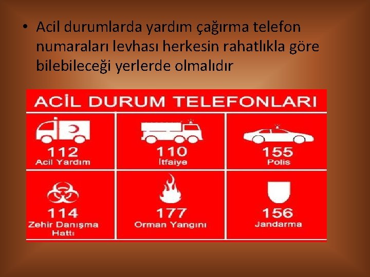  • Acil durumlarda yardım çağırma telefon numaraları levhası herkesin rahatlıkla göre bileceği yerlerde