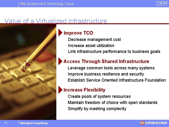 IBM Systems and Technology Group Value of a Virtualized Infrastructure Improve TCO Decrease management