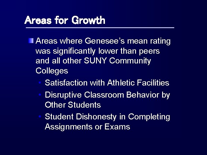 Areas for Growth Areas where Genesee’s mean rating was significantly lower than peers and